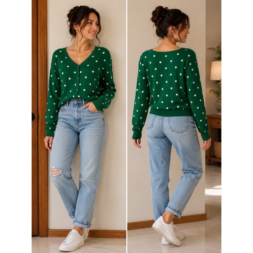 Talbots Oprah Magazine Collection Green Polka Dot Cardigan XL